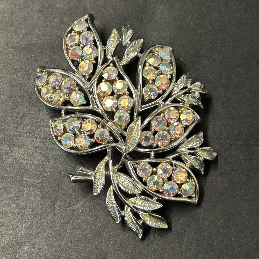 Vintage 1960's‎ Coro AB Rhinestone Floral Silver Toned Brooch